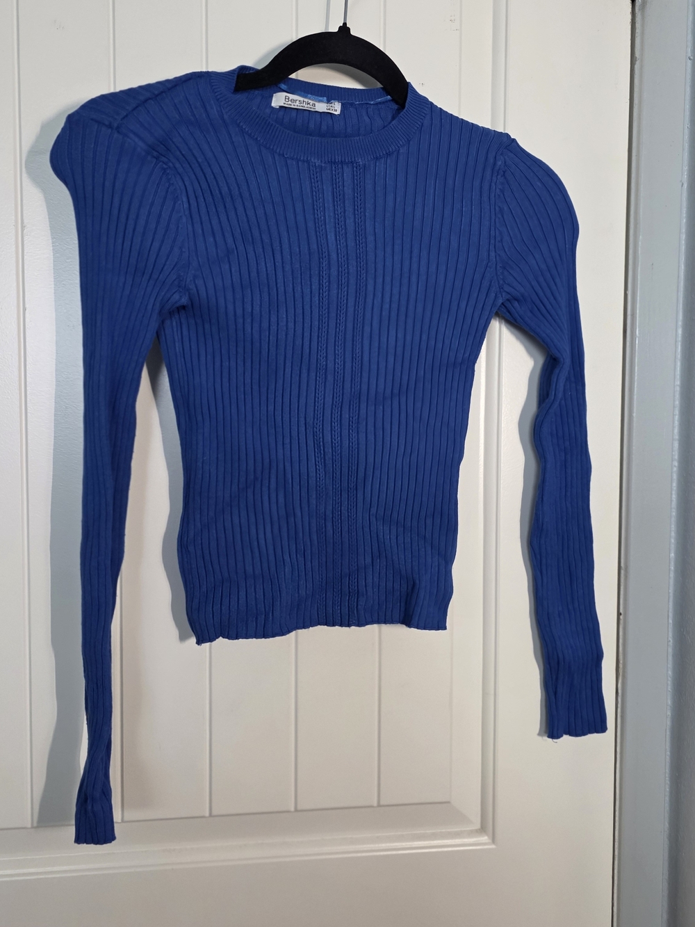 Bershka Royal Blue Ribbed Long-Sleeve Crewneck Top
